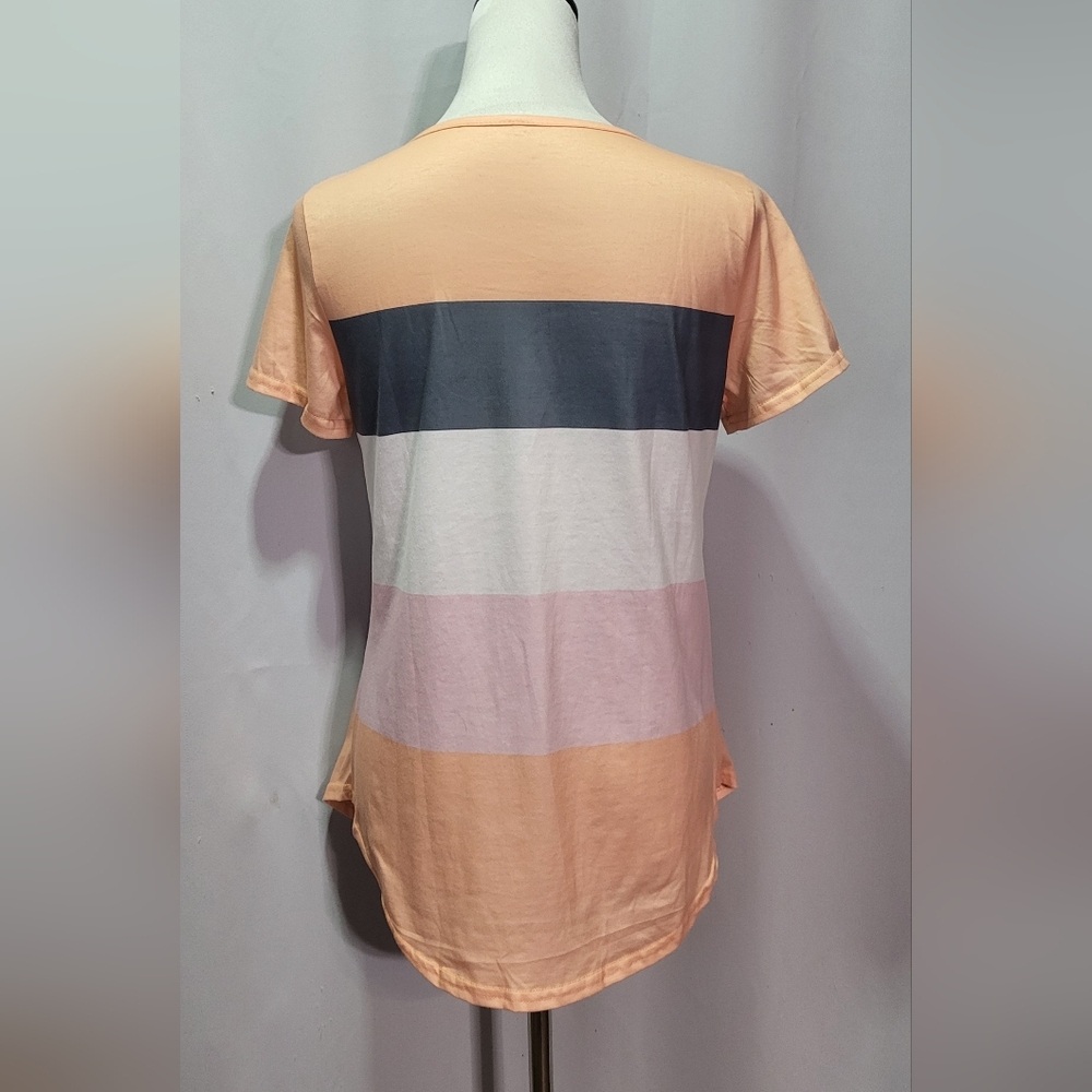 Women's Orange Colorblock Square Neck Pleated Short Sleeve Top Size Small - Picture 6 of 6